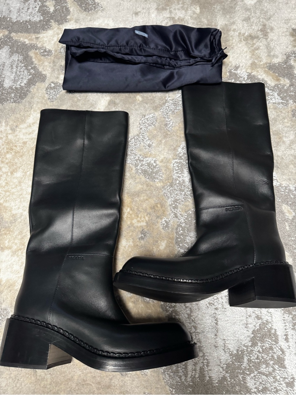 Prada Black Leather Knee-High Block-Heel Boots